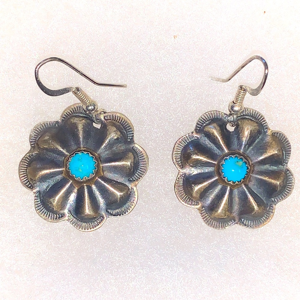SOLD - Navajo Sterling Silver Turquoise Old Look Stamp Dangle Concho Earrings.